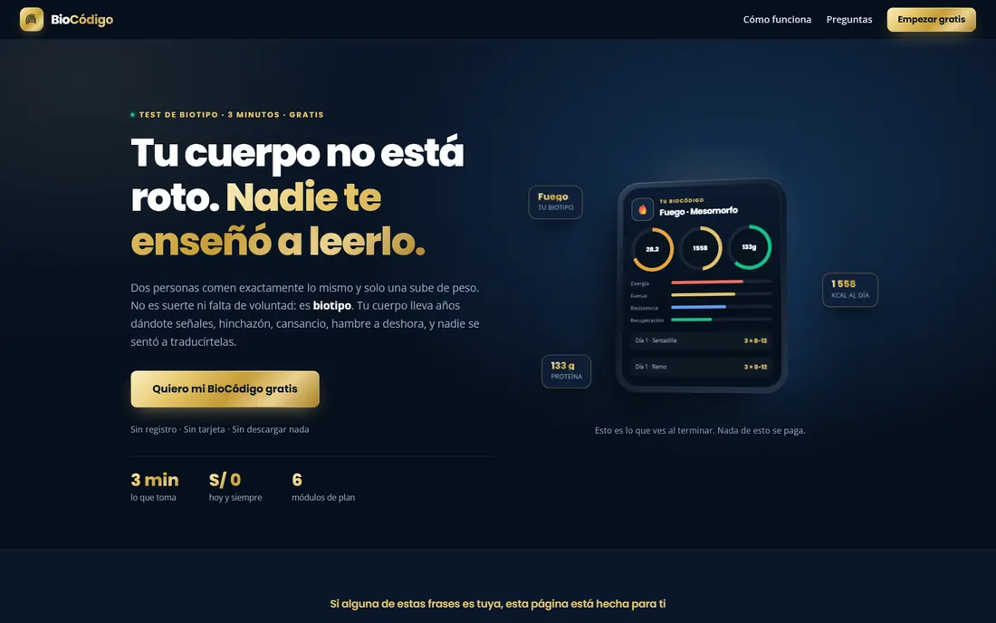 Portada de BioCódigo, que calcula tu biotipo y arma un plan de entrenamiento y comidas